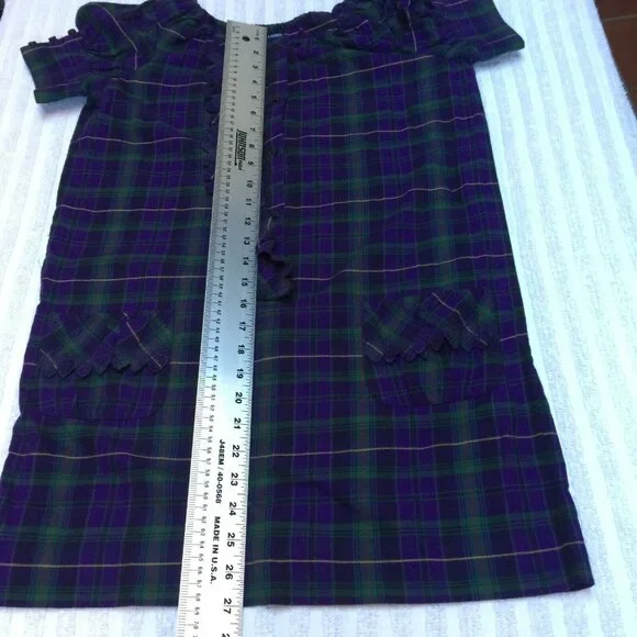 Ralph Lauren Girls' Size 12 Short Sleeve Ruffle Dress Purple/Green Plaid Cotton